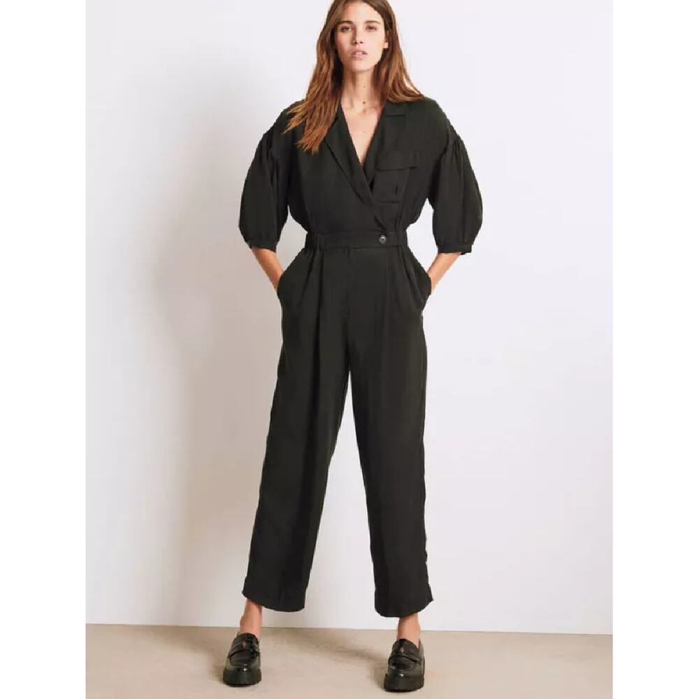 ba&sh Aida Fluid Jumpsuit Size 3 US L 8 Black Cupro Short Sleeve Minimalist